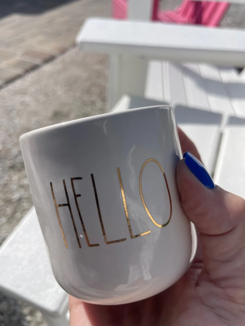 Rae Dunn Cream Ceramic Tumbler with Gold HELLO Lettering